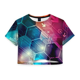 Женская футболка 3D укороченная с принтом Hi-tech в Курске, 100% полиэстер | круглая горловина, длина футболки до линии талии, рукава с отворотами | html | коды | нано | программный код | синий | хайтек