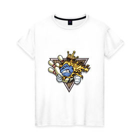 Женская футболка хлопок с принтом Король боулинга в Курске, 100% хлопок | прямой крой, круглый вырез горловины, длина до линии бедер, слегка спущенное плечо | боулинг | кегли | корона | огонь | пламя | шар