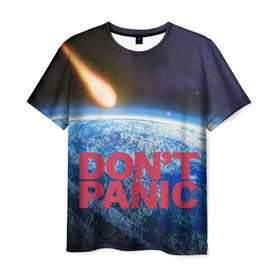 Мужская футболка 3D с принтом Без паники, метеорит в Курске, 100% полиэфир | прямой крой, круглый вырез горловины, длина до линии бедер | do not panic | dont panic | апокалипсис | без паники | взрыв | гибель | земля | классная | комета | конец света | космос | крутая | метеорит | не надо | прикол | прикольная надпись | ужас