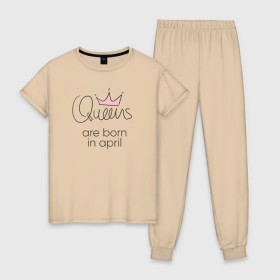 Женская пижама хлопок с принтом Королевы рождаются в апреле в Курске, 100% хлопок | брюки и футболка прямого кроя, без карманов, на брюках мягкая резинка на поясе и по низу штанин | queen april