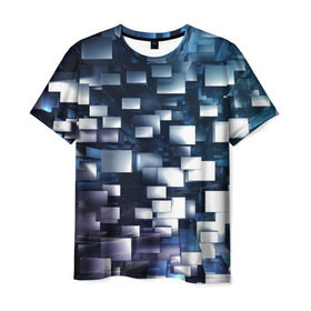 Мужская футболка 3D с принтом 3D куб в Курске, 100% полиэфир | прямой крой, круглый вырез горловины, длина до линии бедер | Тематика изображения на принте: абстракция | геометрия | квадраты | металлический | синие | стальные | текстура | фигуры