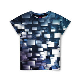 Детская футболка 3D с принтом 3D куб в Курске, 100% гипоаллергенный полиэфир | прямой крой, круглый вырез горловины, длина до линии бедер, чуть спущенное плечо, ткань немного тянется | абстракция | геометрия | квадраты | металлический | синие | стальные | текстура | фигуры