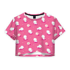 Женская футболка 3D укороченная с принтом Белые котята в Курске, 100% полиэстер | круглая горловина, длина футболки до линии талии, рукава с отворотами | девушка | дети | игра | котёнок | котята | мячик | розовый