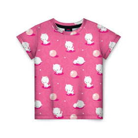 Детская футболка 3D с принтом Белые котята в Курске, 100% гипоаллергенный полиэфир | прямой крой, круглый вырез горловины, длина до линии бедер, чуть спущенное плечо, ткань немного тянется | девушка | дети | игра | котёнок | котята | мячик | розовый
