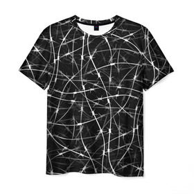 Мужская футболка 3D с принтом Колючая проволка в Курске, 100% полиэфир | прямой крой, круглый вырез горловины, длина до линии бедер | белый | гранж | забор | колючка | ограда | паттерн | черно белый | черный | шипы
