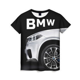 Женская футболка 3D с принтом BMW белая в Курске, 100% полиэфир ( синтетическое хлопкоподобное полотно) | прямой крой, круглый вырез горловины, длина до линии бедер | bmw | x3 x4 x5 x6 x7 x8 | авто | автомобиль | блатная | бмв | бумер | бэха | иномарка | концерн | красивая | крутая | марка немецкая | машина | пацанский таз | прикольная | тачила | тачка