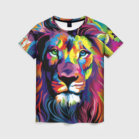 Женская футболка 3D с принтом Красочный лев в Курске, 100% полиэфир ( синтетическое хлопкоподобное полотно) | прямой крой, круглый вырез горловины, длина до линии бедер | краски | красочный лев | рисунок | узор
