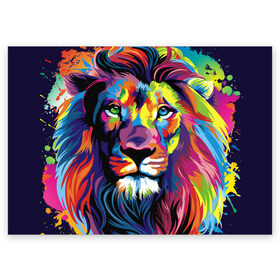 Поздравительная открытка с принтом Красочный лев в Курске, 100% бумага | плотность бумаги 280 г/м2, матовая, на обратной стороне линовка и место для марки
 | краски | красочный лев | рисунок | узор