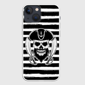Чехол для iPhone 13 mini с принтом Тельняшка в Курске,  |  | геометрия | линии | море | океан | оружие | пират | полосы | тельняшка | череп | черно белый | шляпа | якорь