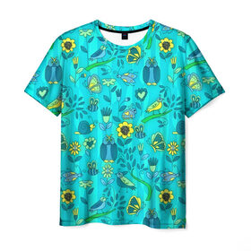 Мужская футболка 3D с принтом Flowers and birds в Курске, 100% полиэфир | прямой крой, круглый вырез горловины, длина до линии бедер | 3d | бабочки | другие | насекомые | прикольные | птицы | растения | сова | текстуры | узор | цветные | цветы | яркие