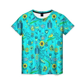 Женская футболка 3D с принтом Flowers and birds в Курске, 100% полиэфир ( синтетическое хлопкоподобное полотно) | прямой крой, круглый вырез горловины, длина до линии бедер | 3d | бабочки | другие | насекомые | прикольные | птицы | растения | сова | текстуры | узор | цветные | цветы | яркие