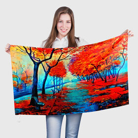 Флаг 3D с принтом Autumn в Курске, 100% полиэстер | плотность ткани — 95 г/м2, размер — 67 х 109 см. Принт наносится с одной стороны | 3d | вода | деревья | другие | желтый | живопись | картинка | краски | листья | осень | пейзаж | прикольные | природа | река | рисунок | яркие