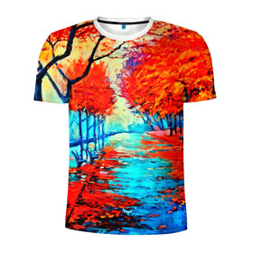 Мужская футболка 3D спортивная с принтом Autumn в Курске, 100% полиэстер с улучшенными характеристиками | приталенный силуэт, круглая горловина, широкие плечи, сужается к линии бедра | 3d | вода | деревья | другие | желтый | живопись | картинка | краски | листья | осень | пейзаж | прикольные | природа | река | рисунок | яркие