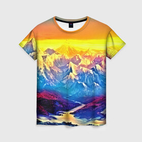 Женская футболка 3D с принтом Mountains в Курске, 100% полиэфир ( синтетическое хлопкоподобное полотно) | прямой крой, круглый вырез горловины, длина до линии бедер | 