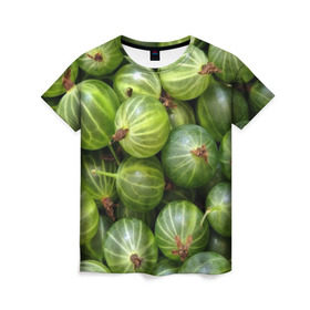 Женская футболка 3D с принтом Крыжовник в Курске, 100% полиэфир ( синтетическое хлопкоподобное полотно) | прямой крой, круглый вырез горловины, длина до линии бедер | еда | зеленый | крыжовник | растения | текстура | фрукты | ягоды