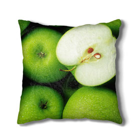 Подушка 3D с принтом Зеленые яблоки в Курске, наволочка – 100% полиэстер, наполнитель – холлофайбер (легкий наполнитель, не вызывает аллергию). | состоит из подушки и наволочки. Наволочка на молнии, легко снимается для стирки | еда | зеленый | фрукты | яблоко