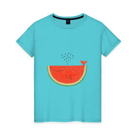Женская футболка хлопок с принтом Кит Арбуз в Курске, 100% хлопок | прямой крой, круглый вырез горловины, длина до линии бедер, слегка спущенное плечо | арбуз | иллюзия | кит | лето | море | океан | принт | рыба | семечки | фонтан | фрукты | ягоды