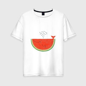 Женская футболка хлопок Oversize с принтом Кит Арбуз в Курске, 100% хлопок | свободный крой, круглый ворот, спущенный рукав, длина до линии бедер
 | арбуз | иллюзия | кит | лето | море | океан | принт | рыба | семечки | фонтан | фрукты | ягоды