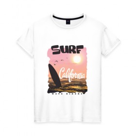 Женская футболка хлопок с принтом Surf California в Курске, 100% хлопок | прямой крой, круглый вырез горловины, длина до линии бедер, слегка спущенное плечо | 