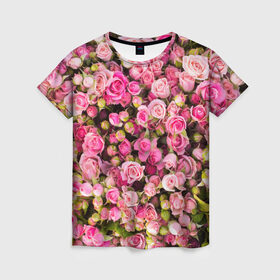 Женская футболка 3D с принтом Розовый рай в Курске, 100% полиэфир ( синтетическое хлопкоподобное полотно) | прямой крой, круглый вырез горловины, длина до линии бедер | Тематика изображения на принте: бутон | лепестки | роза | розовый | розочка | цветок | цветы