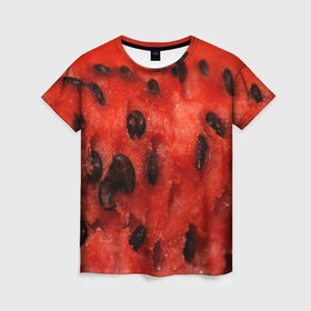 Женская футболка 3D с принтом Арбуз 3 в Курске, 100% полиэфир ( синтетическое хлопкоподобное полотно) | прямой крой, круглый вырез горловины, длина до линии бедер | арбуз | еда | косточки | красный | растения | фрукты | ягода