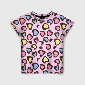 Детская футболка 3D с принтом Леопардовые сердечки в Курске, 100% гипоаллергенный полиэфир | прямой крой, круглый вырез горловины, длина до линии бедер, чуть спущенное плечо, ткань немного тянется | Тематика изображения на принте: животные | леопард | леопардовый | принт | розовый | сердечко | сердце | текстура