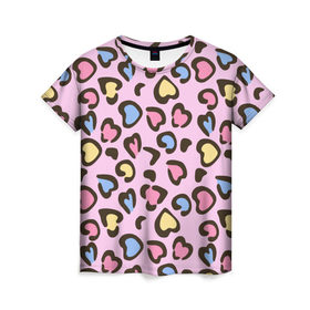 Женская футболка 3D с принтом Леопардовые сердечки в Курске, 100% полиэфир ( синтетическое хлопкоподобное полотно) | прямой крой, круглый вырез горловины, длина до линии бедер | Тематика изображения на принте: животные | леопард | леопардовый | принт | розовый | сердечко | сердце | текстура