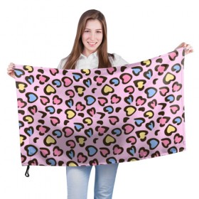Флаг 3D с принтом Леопардовые сердечки в Курске, 100% полиэстер | плотность ткани — 95 г/м2, размер — 67 х 109 см. Принт наносится с одной стороны | животные | леопард | леопардовый | принт | розовый | сердечко | сердце | текстура