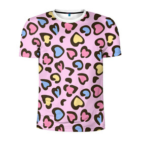 Мужская футболка 3D спортивная с принтом Леопардовые сердечки в Курске, 100% полиэстер с улучшенными характеристиками | приталенный силуэт, круглая горловина, широкие плечи, сужается к линии бедра | Тематика изображения на принте: животные | леопард | леопардовый | принт | розовый | сердечко | сердце | текстура