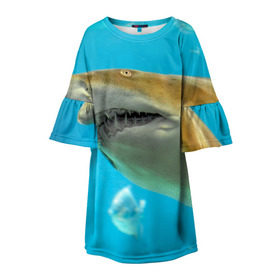 Детское платье 3D с принтом Тигровая акула в Курске, 100% полиэстер | прямой силуэт, чуть расширенный к низу. Круглая горловина, на рукавах — воланы | Тематика изображения на принте: голубое море | океан | рыба