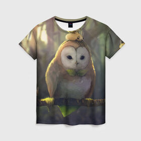 Женская футболка 3D с принтом Волшебная Сова в Курске, 100% полиэфир ( синтетическое хлопкоподобное полотно) | прямой крой, круглый вырез горловины, длина до линии бедер | owl | мудрость | птица | сова | филин