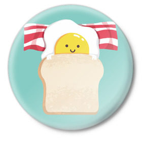 Значок с принтом Завтрак в Курске,  металл | круглая форма, металлическая застежка в виде булавки | Тематика изображения на принте: бекон | еда | завтрак | обед | улыбка | хлеб | яичница | яйцо