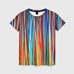 Женская футболка 3D с принтом Colored stripes в Курске, 100% полиэфир ( синтетическое хлопкоподобное полотно) | прямой крой, круглый вырез горловины, длина до линии бедер | 3d | colored stripes | абстракция | другие | картинка | краски | линии | отблеск | полосы | прикольные | радуга | свет | цветные | яркие