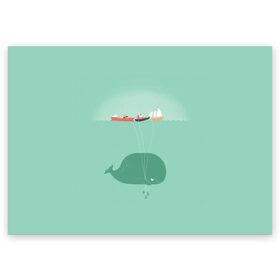 Поздравительная открытка с принтом Кит с корабликами в Курске, 100% бумага | плотность бумаги 280 г/м2, матовая, на обратной стороне линовка и место для марки
 | кит | корабли | лодки | море | океан | шарики | якорь | якоря