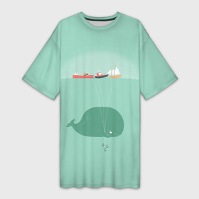 Платье-футболка 3D с принтом Кит с корабликами в Курске,  |  | кит | корабли | лодки | море | океан | шарики | якорь | якоря