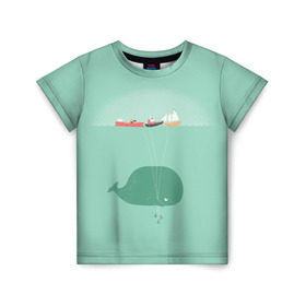 Детская футболка 3D с принтом Кит с корабликами в Курске, 100% гипоаллергенный полиэфир | прямой крой, круглый вырез горловины, длина до линии бедер, чуть спущенное плечо, ткань немного тянется | кит | корабли | лодки | море | океан | шарики | якорь | якоря