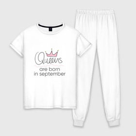 Женская пижама хлопок с принтом Королевы рождаются в сентябре в Курске, 100% хлопок | брюки и футболка прямого кроя, без карманов, на брюках мягкая резинка на поясе и по низу штанин | queen september