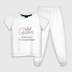 Детская пижама хлопок с принтом Королевы рождаются в ноябре в Курске, 100% хлопок |  брюки и футболка прямого кроя, без карманов, на брюках мягкая резинка на поясе и по низу штанин
 | Тематика изображения на принте: queen november