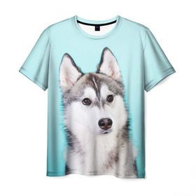 Мужская футболка 3D с принтом Blue в Курске, 100% полиэфир | прямой крой, круглый вырез горловины, длина до линии бедер | Тематика изображения на принте: dog | бандит | пес | собака | хаски | хаски бандит | щеночек