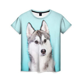 Женская футболка 3D с принтом Blue в Курске, 100% полиэфир ( синтетическое хлопкоподобное полотно) | прямой крой, круглый вырез горловины, длина до линии бедер | dog | бандит | пес | собака | хаски | хаски бандит | щеночек