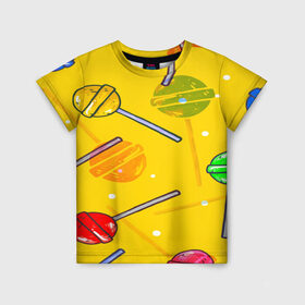 Детская футболка 3D с принтом Леденец в Курске, 100% гипоаллергенный полиэфир | прямой крой, круглый вырез горловины, длина до линии бедер, чуть спущенное плечо, ткань немного тянется | желтая | чупа чупс | яркая | ярт