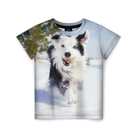 Детская футболка 3D с принтом Snow в Курске, 100% гипоаллергенный полиэфир | прямой крой, круглый вырез горловины, длина до линии бедер, чуть спущенное плечо, ткань немного тянется | Тематика изображения на принте: dog | бордер | бордер колли | колли | пес | собака