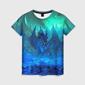 Женская футболка 3D с принтом Синий дракон в Курске, 100% полиэфир ( синтетическое хлопкоподобное полотно) | прямой крой, круглый вырез горловины, длина до линии бедер | 3d | арт | горы | дракон | другие | животные | картинка | лед | небо | пейзаж | прикольные | природа | рисунок | синий | фантастика | яркие