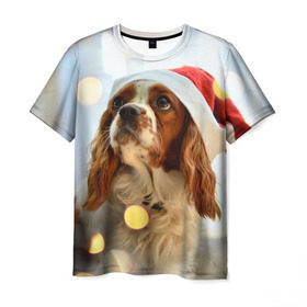 Мужская футболка 3D с принтом Рождество в Курске, 100% полиэфир | прямой крой, круглый вырез горловины, длина до линии бедер | Тематика изображения на принте: dog | кавалер кинг чарльз спаниель | новый год | пес | рождество | собака