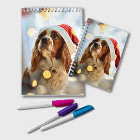 Блокнот с принтом Рождество в Курске, 100% бумага | 48 листов, плотность листов — 60 г/м2, плотность картонной обложки — 250 г/м2. Листы скреплены удобной пружинной спиралью. Цвет линий — светло-серый
 | Тематика изображения на принте: dog | кавалер кинг чарльз спаниель | новый год | пес | рождество | собака