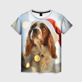 Женская футболка 3D с принтом Рождество в Курске, 100% полиэфир ( синтетическое хлопкоподобное полотно) | прямой крой, круглый вырез горловины, длина до линии бедер | dog | кавалер кинг чарльз спаниель | новый год | пес | рождество | собака