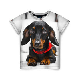Детская футболка 3D с принтом Пёсик в Курске, 100% гипоаллергенный полиэфир | прямой крой, круглый вырез горловины, длина до линии бедер, чуть спущенное плечо, ткань немного тянется | dog | пес | собака | такса | щеночек