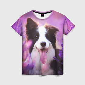 Женская футболка 3D с принтом Happy в Курске, 100% полиэфир ( синтетическое хлопкоподобное полотно) | прямой крой, круглый вырез горловины, длина до линии бедер | dog | бордер колли | пес | собака