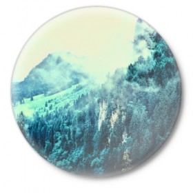 Значок с принтом Туманный лес в Курске,  металл | круглая форма, металлическая застежка в виде булавки | 3d | горы | деревья | другие | лес | лето | пейзаж | прикольные | природа | туман | холм | цветные | яркие