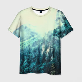Мужская футболка 3D с принтом Туманный лес в Курске, 100% полиэфир | прямой крой, круглый вырез горловины, длина до линии бедер | 3d | горы | деревья | другие | лес | лето | пейзаж | прикольные | природа | туман | холм | цветные | яркие